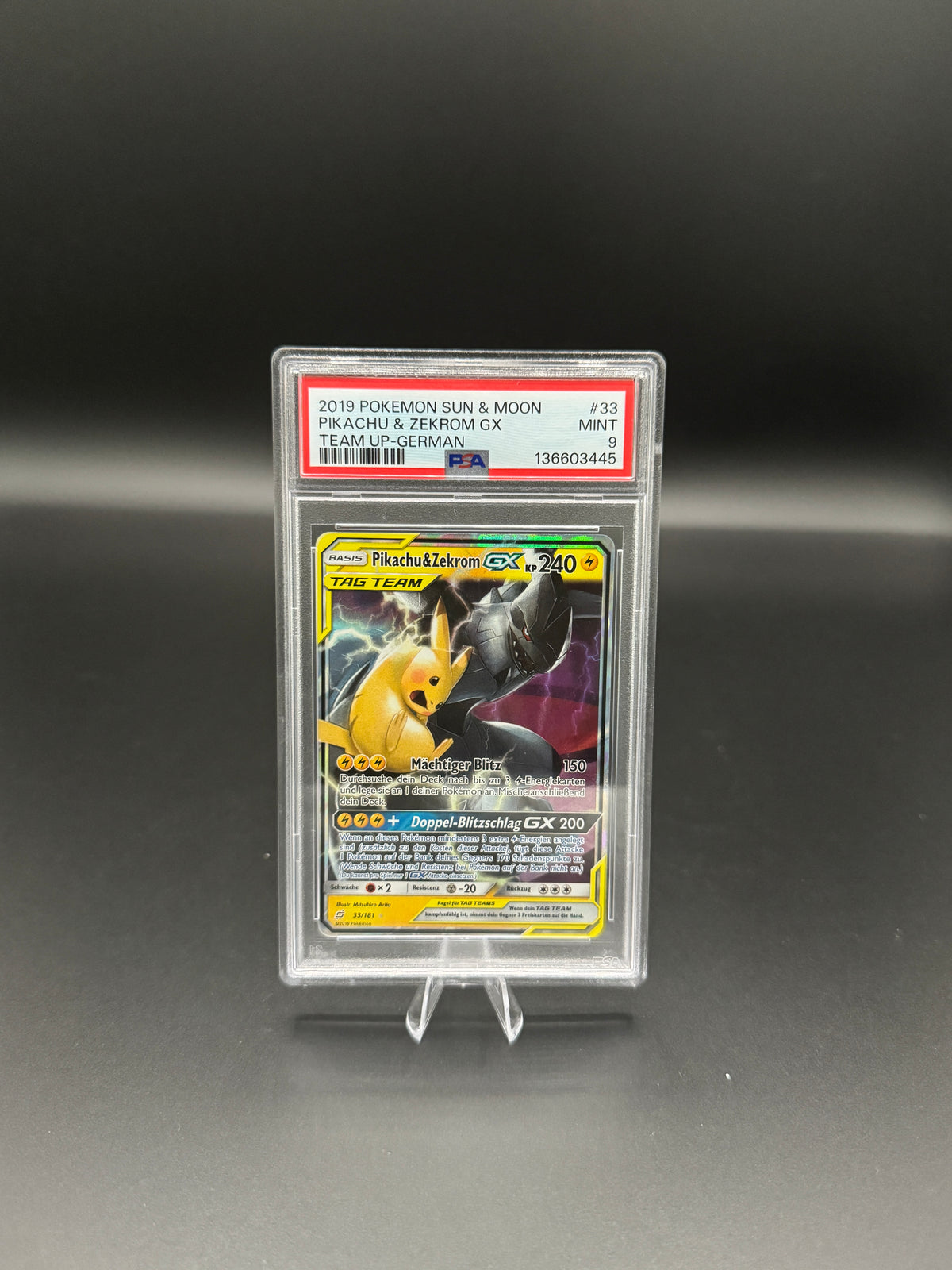 Pokémon TCG – Pikachu & Zekrom-GX | TAG TEAM | #033/181 | Sonne & Mond: Team Up| Deutsch | PSA 9 – MINT